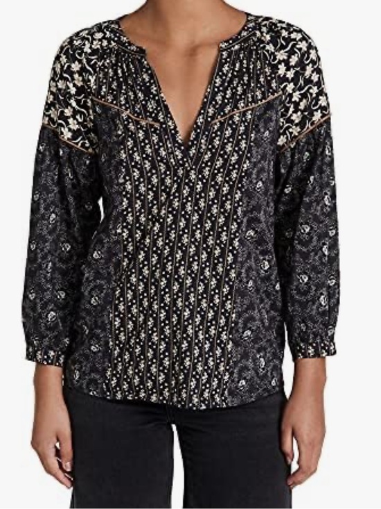 Tribal Tops - Tribal Boho Floral Mixed-Print V-Neck Women's Top - Navy L